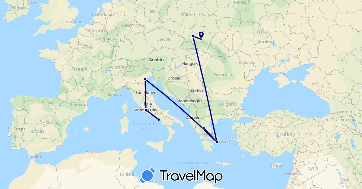 TravelMap itinerary: driving in Greece, Italy, Poland, Vatican City (Europe)